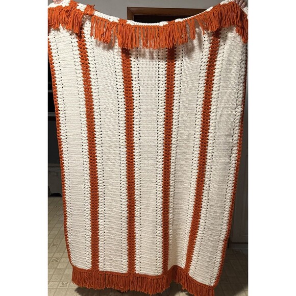 Handmade Crochet Afghan 69 X 44 Burn Orange/Rusty Color & Cream Rectangle New - Picture 1 of 9